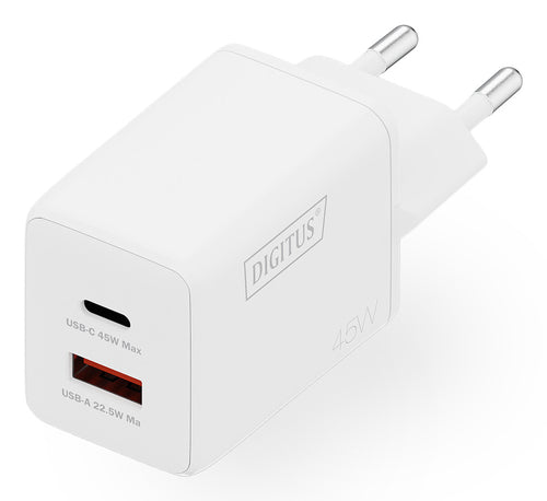 Digitus USB-Wandladegerät 45 W – USB-C×1, USB-A×1 – GaN – Weiss