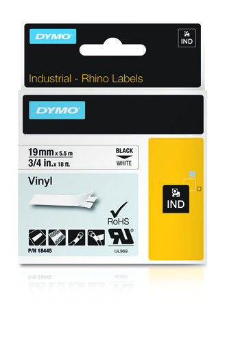 DYMO Schriftband – 19 mm × 5,5 m, weiss, schwarz, Rhino IND – für DYMO Rhino: 3000, 4200, 5000 und weitere