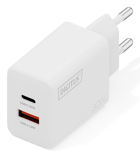 Digitus USB-Ladegerät 30 W GaN – USB-C×1, USB-A×1 – Weiss