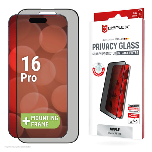 Displex Privacy-Filter (Panzerglas), Full Cover – für iPhone 16 Pro – mit Applikator