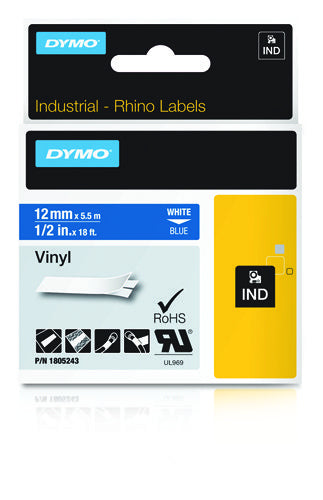 DYMO Schriftband – 12 mm × 5,5 m, blau, weiss – RHINO BAND ID1