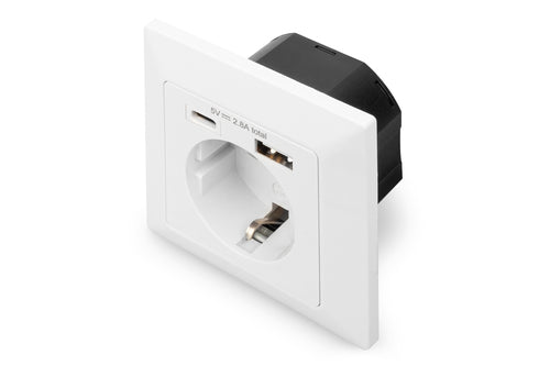 Digitus Einbausteckdosenleiste, 1×USB-A + 1×USB-C, mit Rahmen, Einbau, 60×90×90 mm – weiss