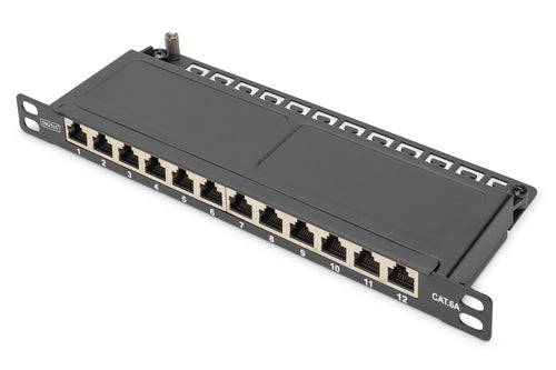 Digitus Slim Patchpanel – Cat6A, 12-Port, 10", 0,5 HE, geschirmt, Schwarz