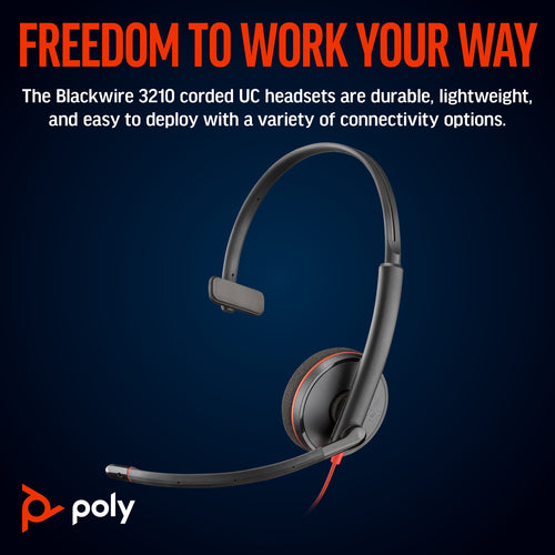Poly Blackwire 3210 Office-Headset – On-Ear, Mono, USB-C (inkl. USB-C/USB-A-Adapter), Schwarz