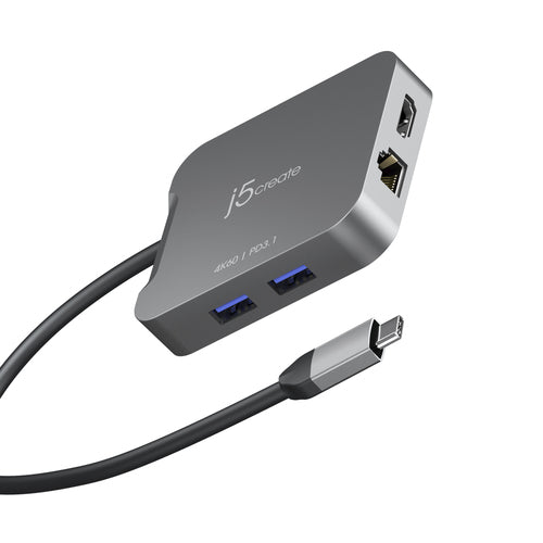 j5create JCD3191-N Multiport-Adapter – USB-C, 1× HDMI, 2× USB-A, 140 W PD, GbE, für Windows/Mac