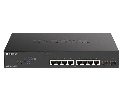 D-Link DGS-1100-10MPV2/E – Managed L2 Switch – 8× 1G, 2× SFP, PoE+, PoE-Budget 130 W, 19", 1U