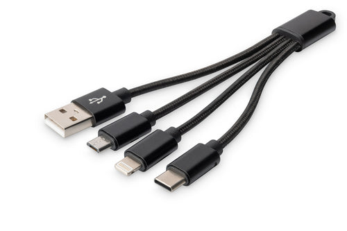 Digitus USB-Kabel USB-A auf 3-in-1 Lightning/Micro-USB-B/USB-C – 0,15 m – Nickelkontakte – Schwarz