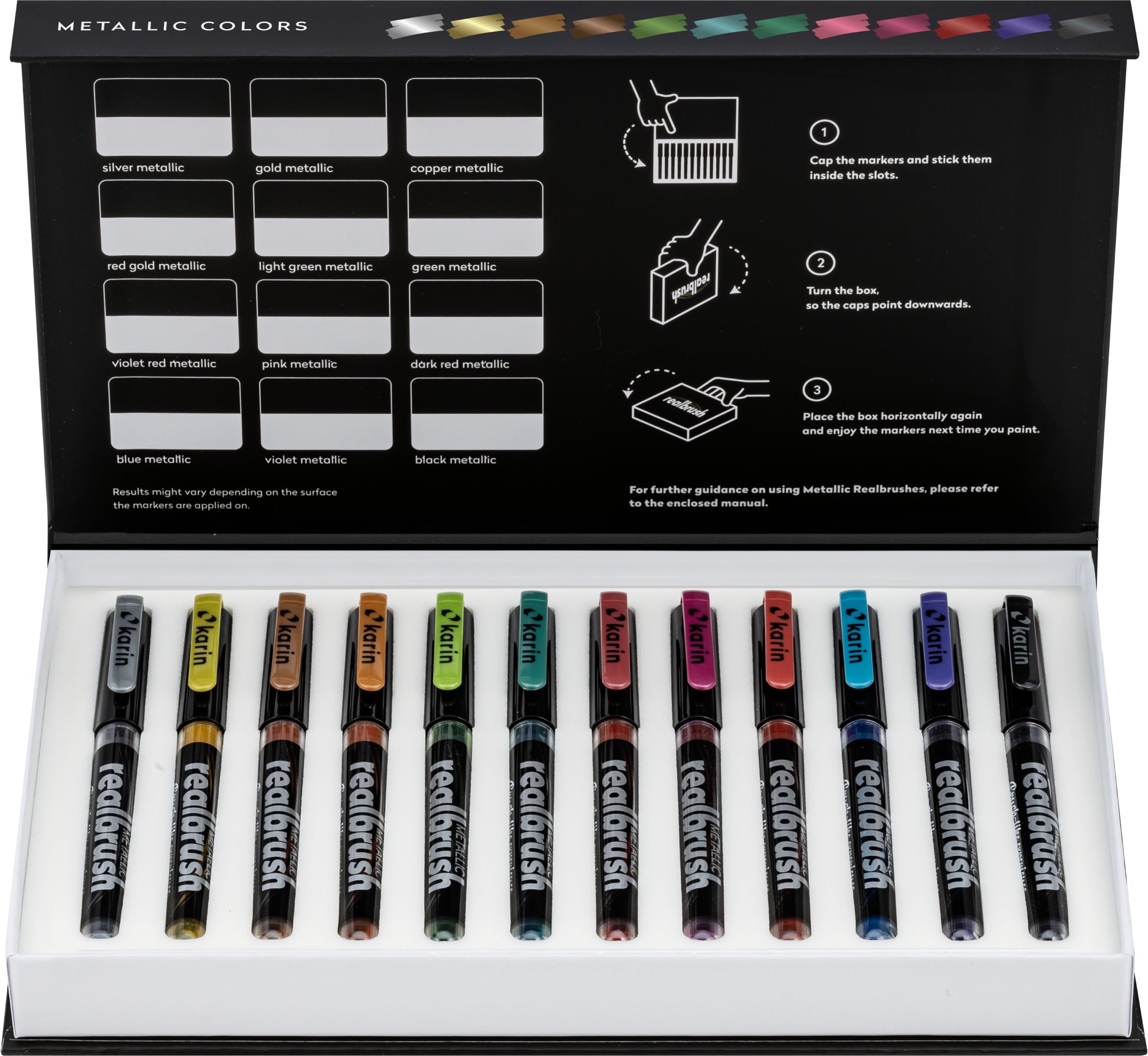 Karin Real Brush Paint Marker Metallic – Pinselspitze 4 mm – Mehrfarbig, 12er-Set