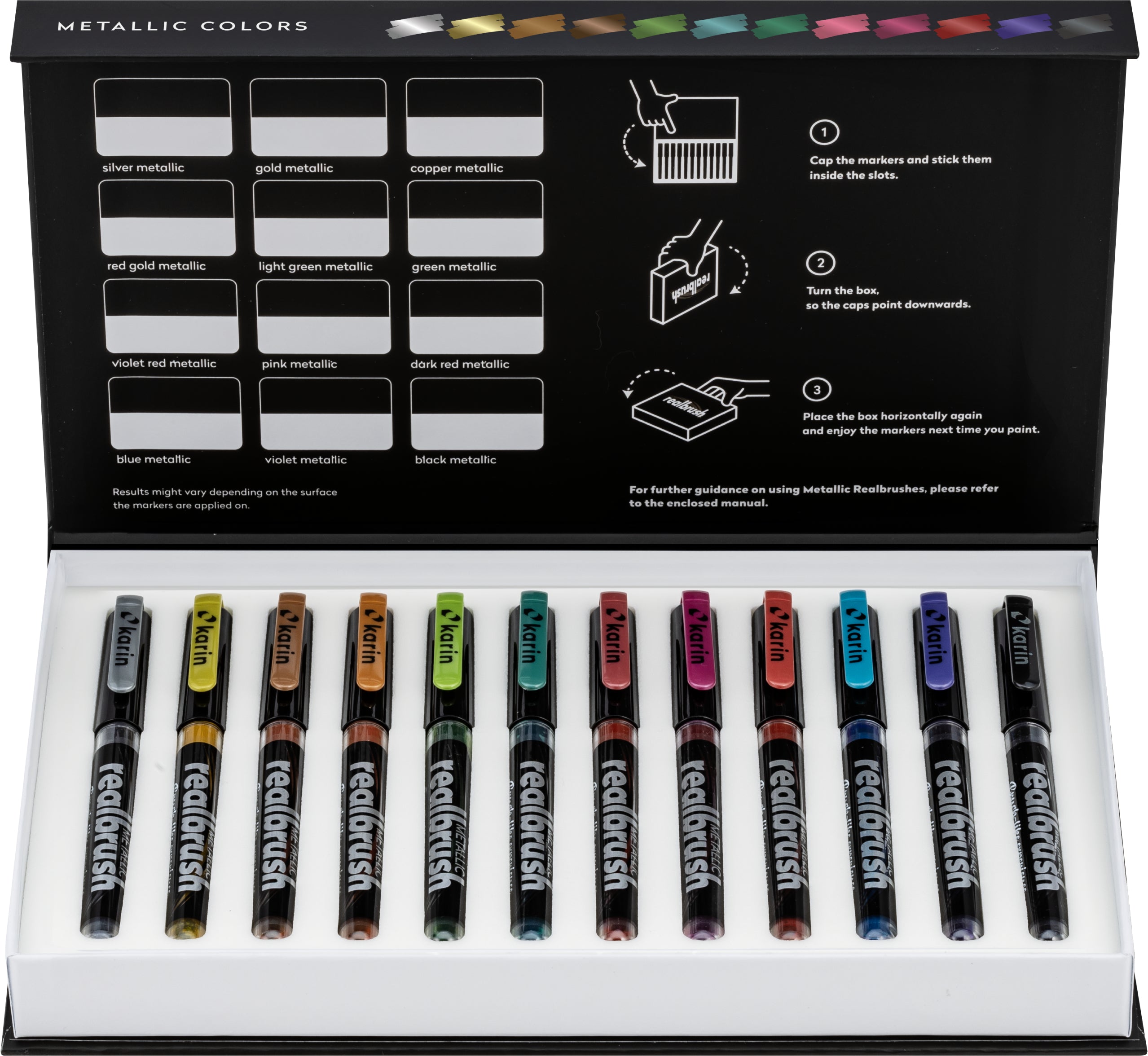 Karin Real Brush Paint Marker Metallic – Pinselspitze 4 mm – Mehrfarbig, 12er-Set