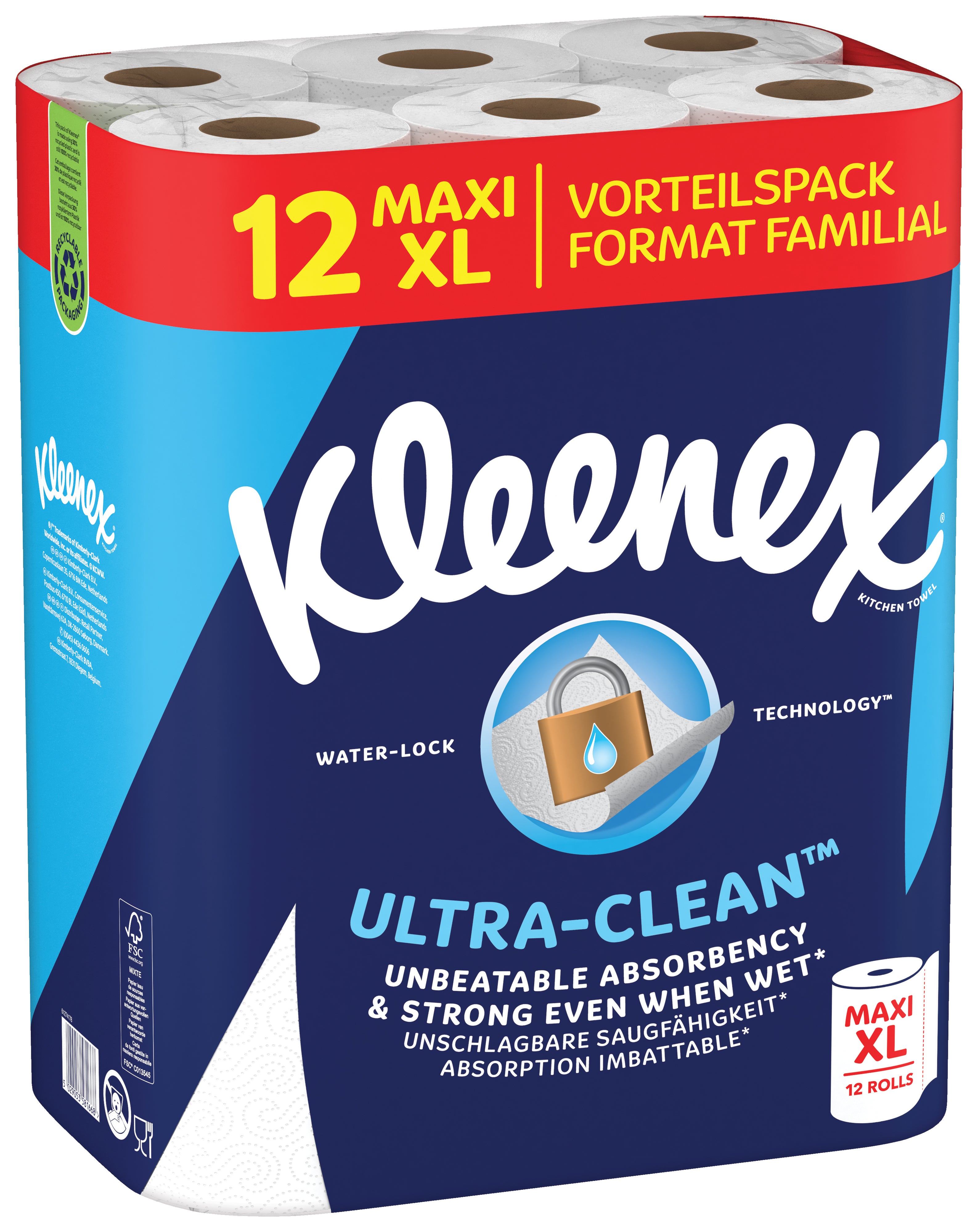 Kleenex Haushaltspapier Ultra Clean – 2-lagig – weiss – 12 XL Rollen