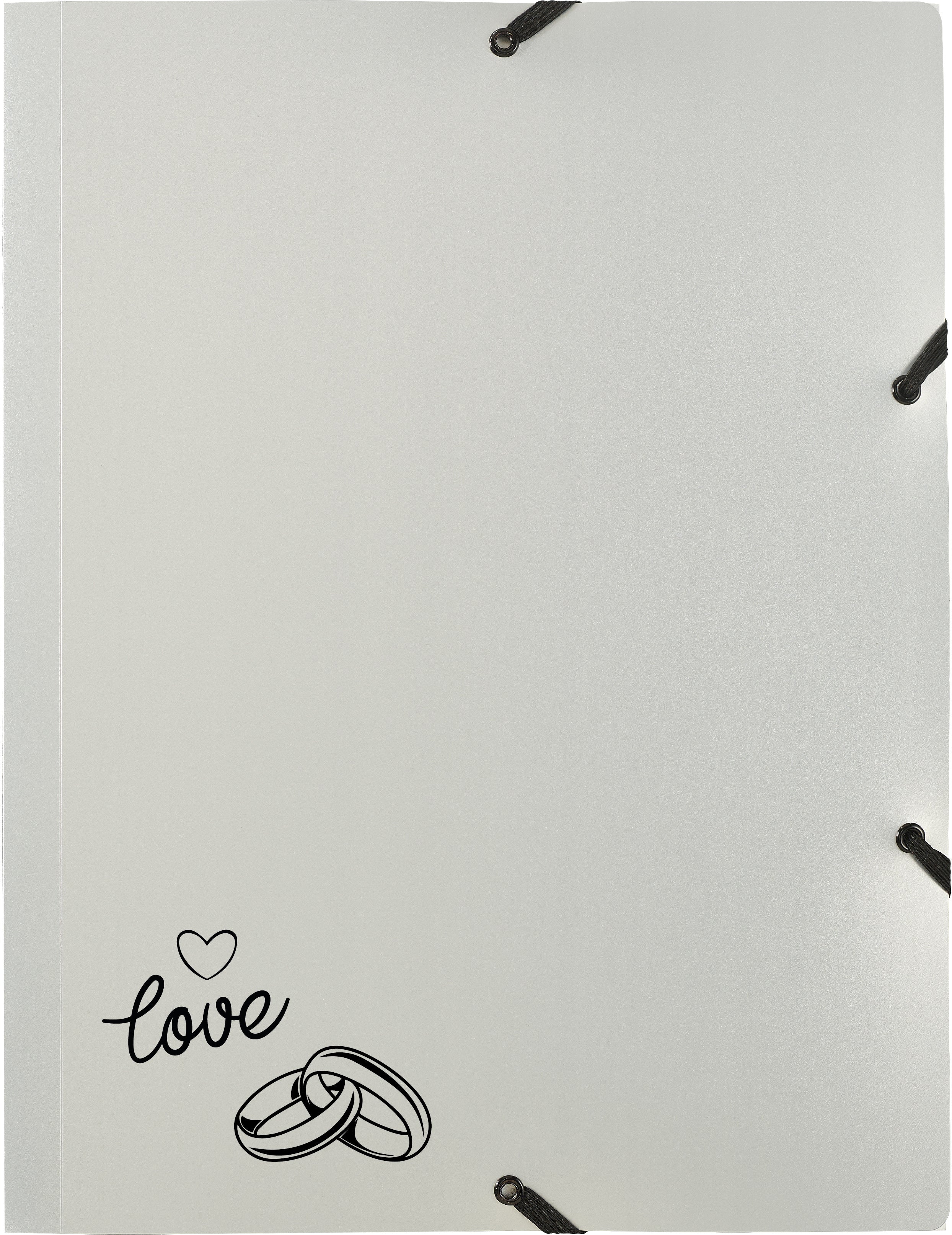 Kolma Gummibandmappe Wedding A4+ – Gummiband, Silber, «love»-Prägung, Perforation für Visitenkarten