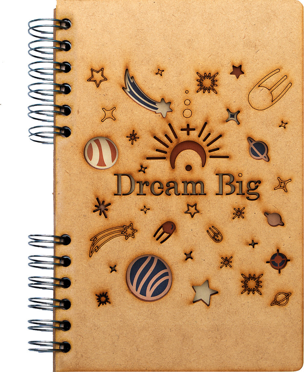 Komoni Dream Big Notizbuch – 165 × 220 mm – liniert – 90 Blatt – starker Holzdeckel, nachfüllbar – FSC