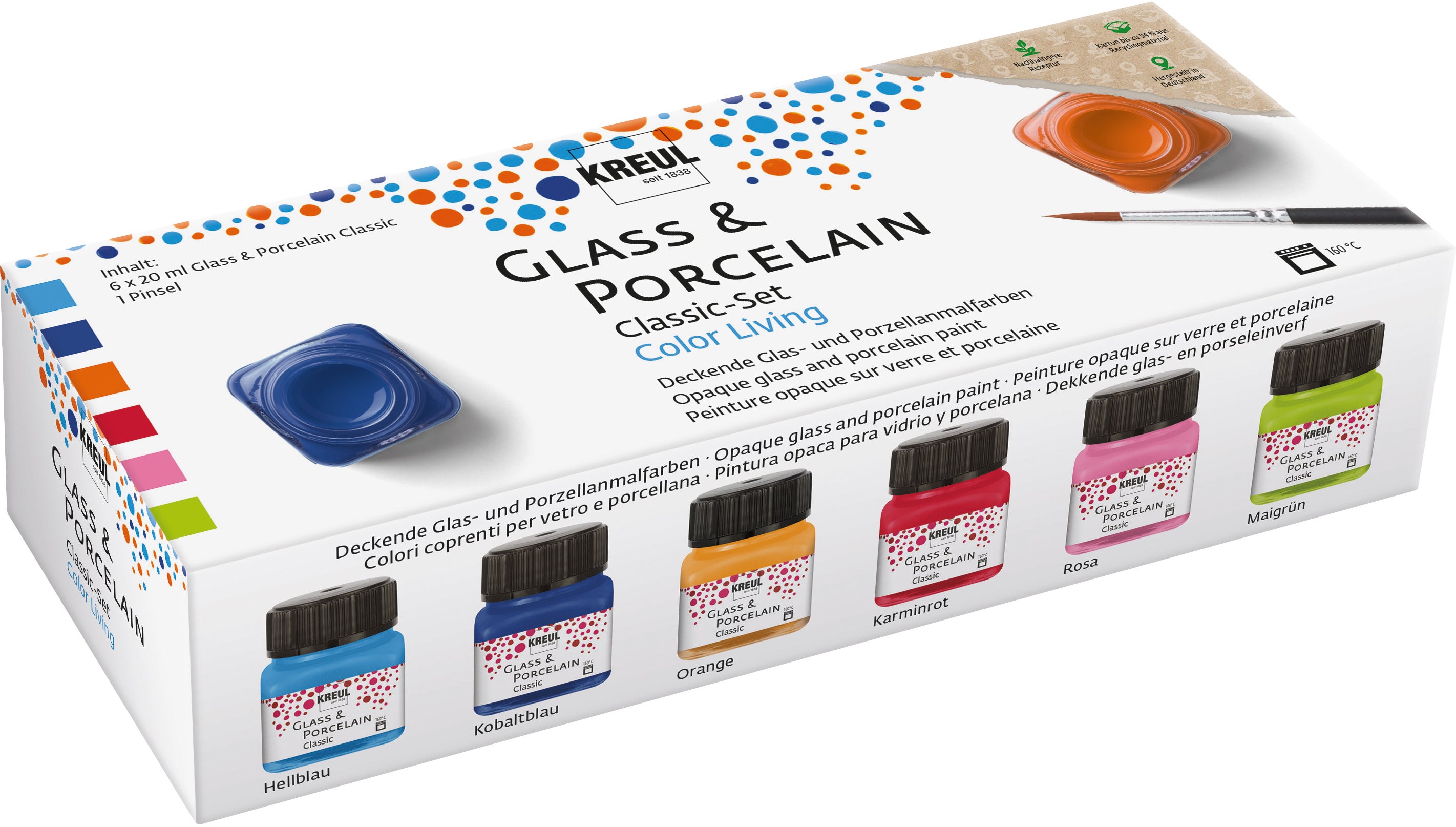Kreul Color Living Porzellanmalfarbe – 6 Farben, glänzend – 6×20 ml (120 ml) – für Glas, Porzellan