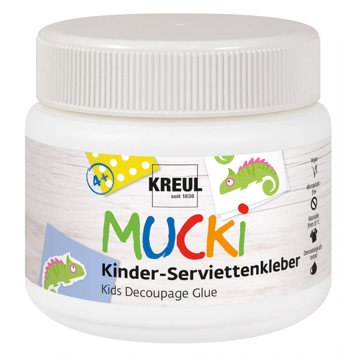 KREUL Kleber & Lack Mucki – transparent, auf Wasserbasis, 150 ml, für Papier, Karton, Kunststoff und mehr