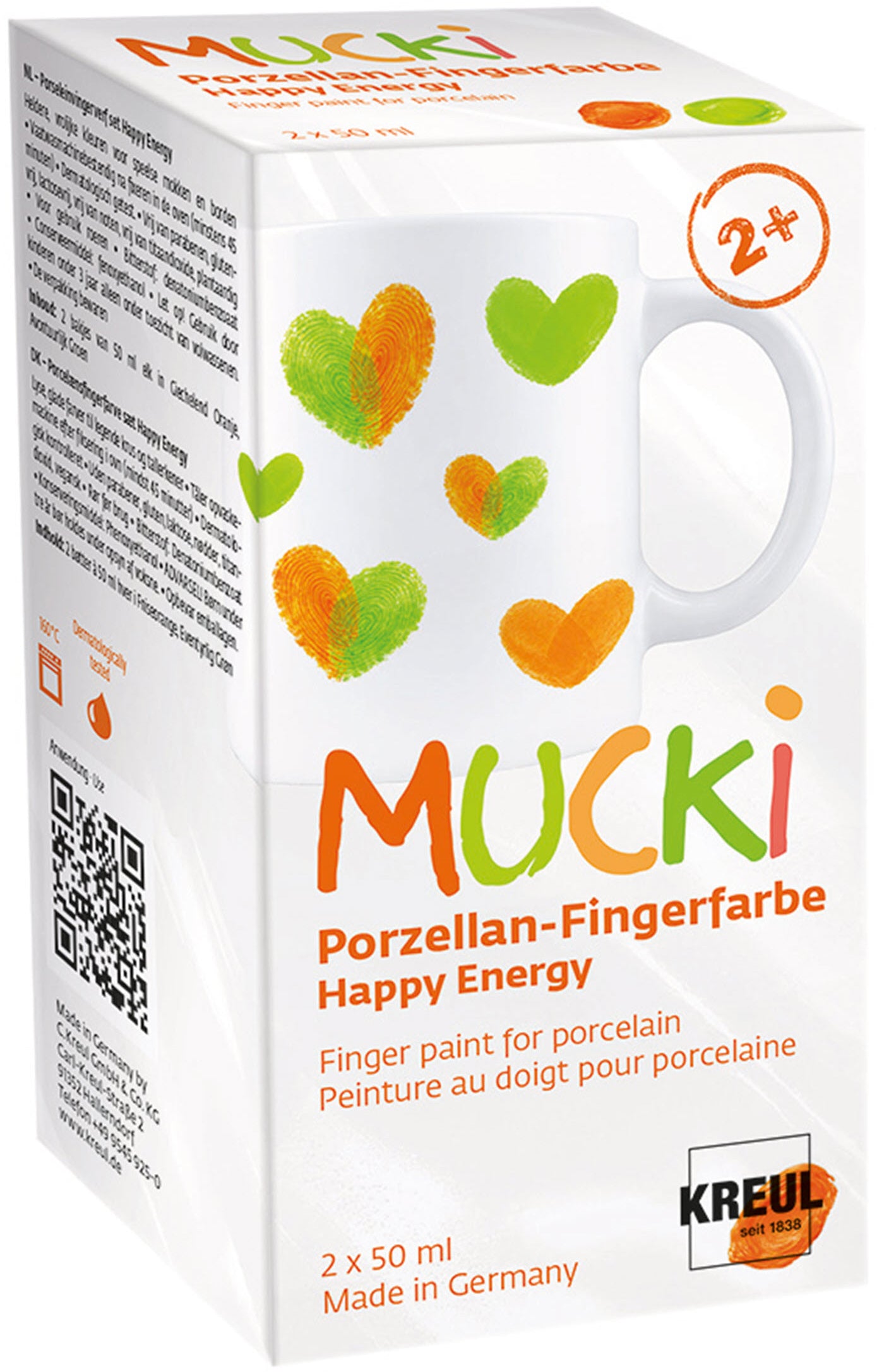 Kreul Mucki Fingerfarben – Abenteuergrün/Kicherorange – 2×50 ml (100 ml) – für Porzellan