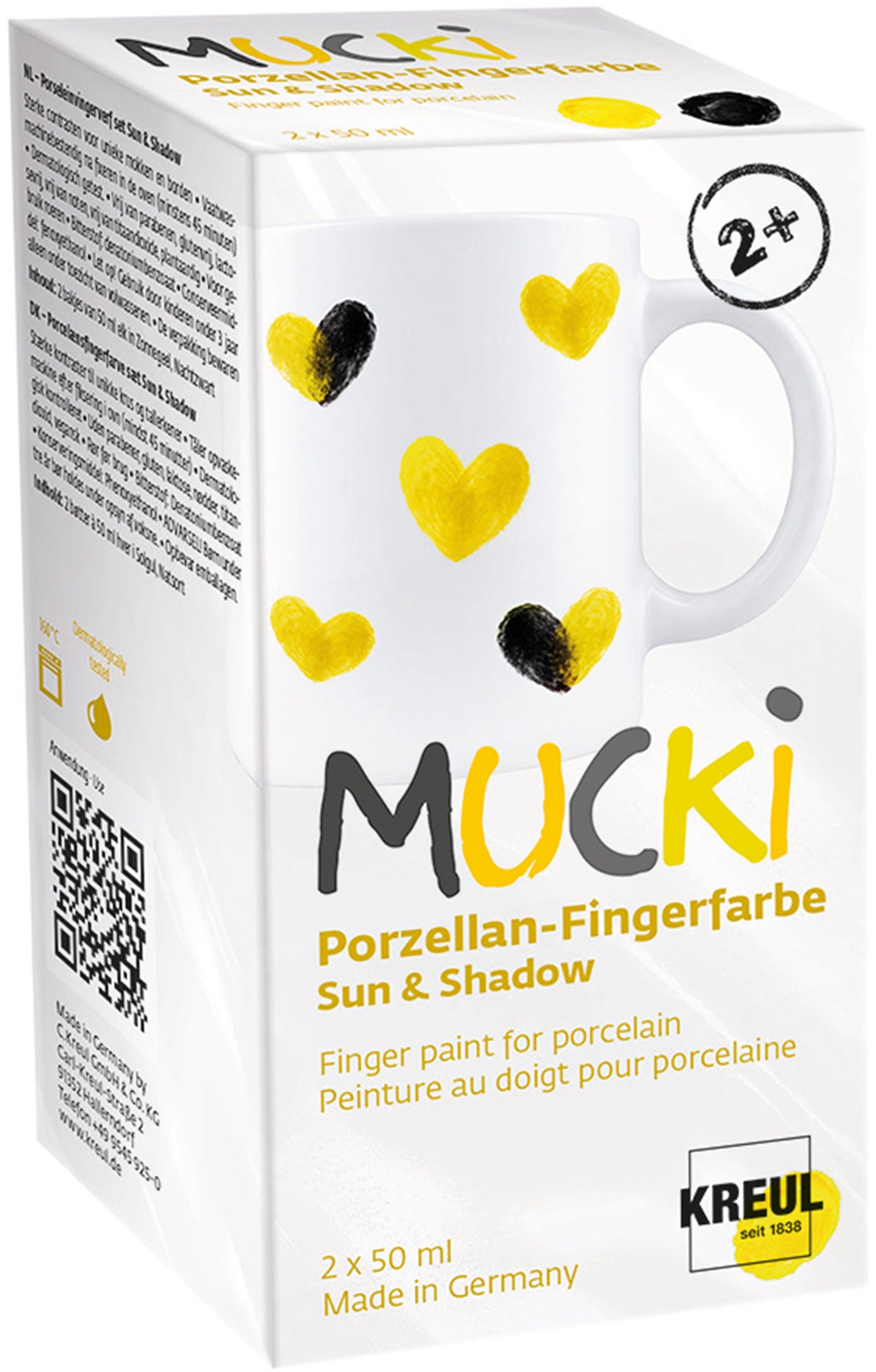 Kreul Mucki Porzellan-Fingerfarbe – Sun & Shadow – 2 Farben, 2×50 ml (100 ml) – für Porzellan