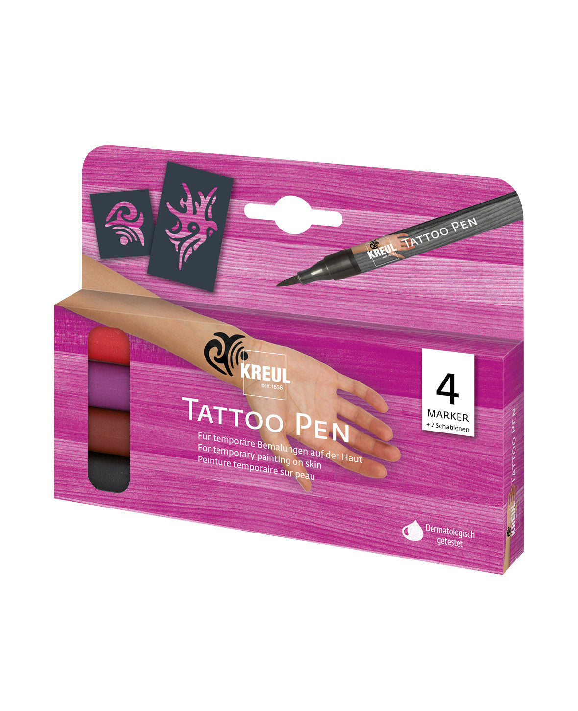 Kreul Tattoo-Marker – 4 Farben, 4er Set, feucht abwischbar, dermatologisch getestet – für Haut