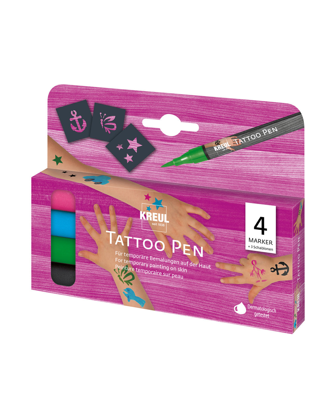 Kreul KR-62171 Tattoo-Marker – Pinselspitze, 4 Farben, 4er Set, wasserlöslich – für Haut
