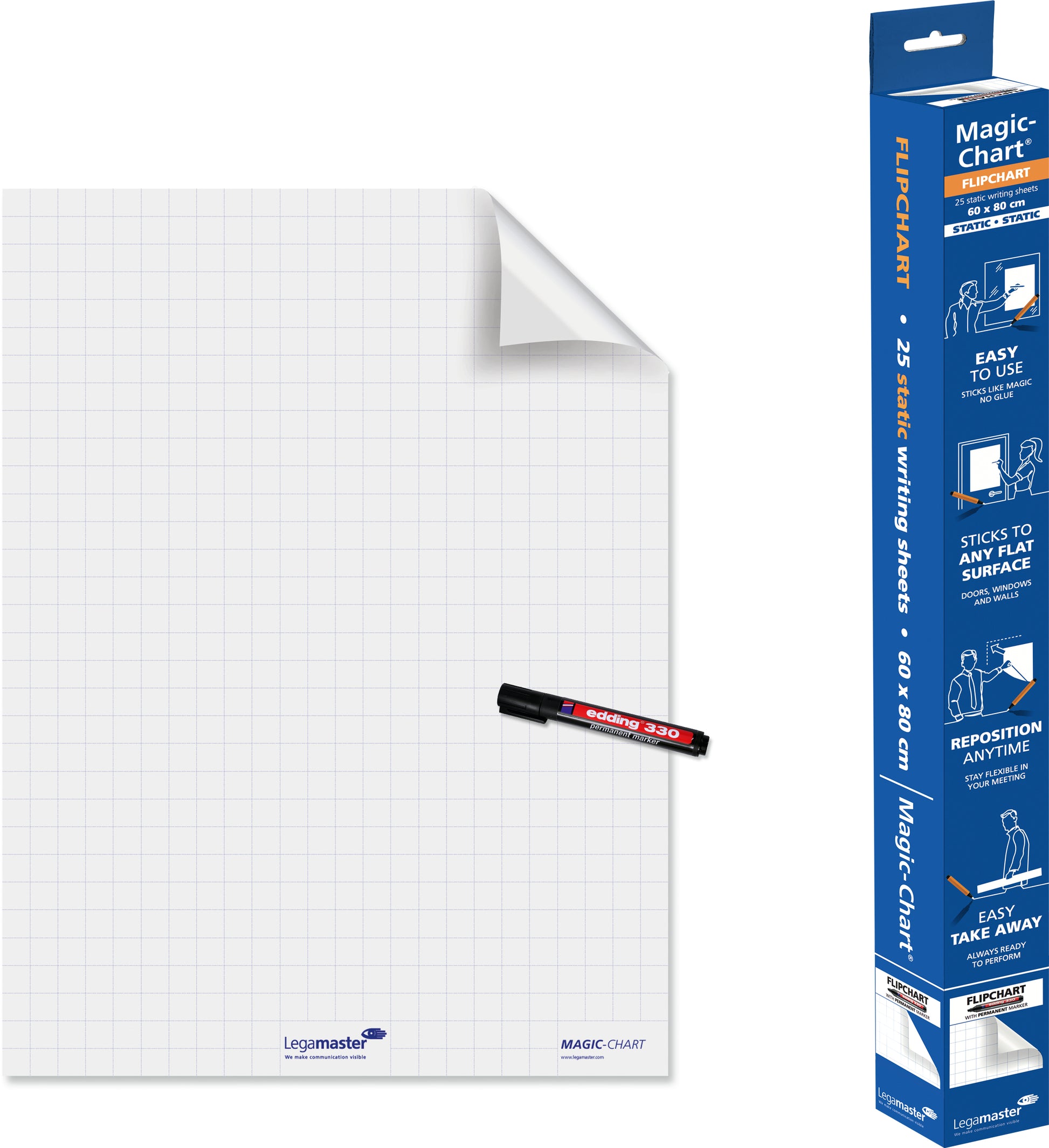 Legamaster Magic-Chart Flipchartfolie elektrostatisch, kariert 25 mm, perforiert, 60 × 80 cm – Rolle à 20m (25 St.)