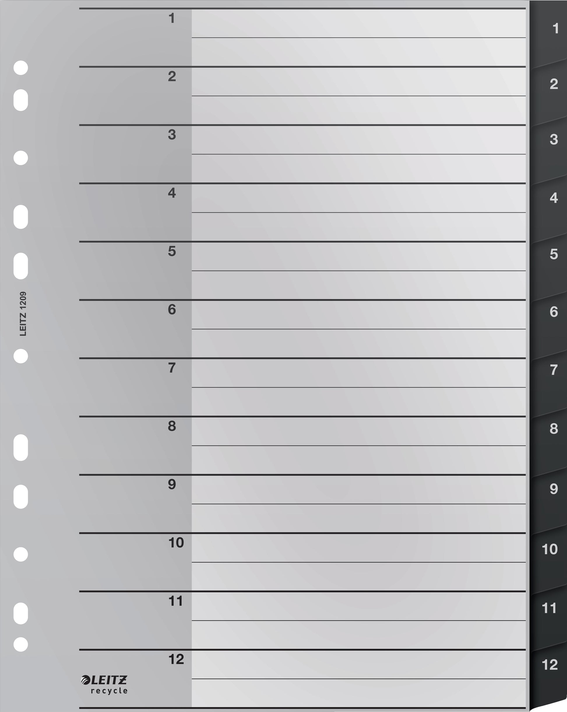 Leitz Register A4 überbreit – nummeriert 1–12, 12 Taben, PP, schwarz/weiss, 12-fach