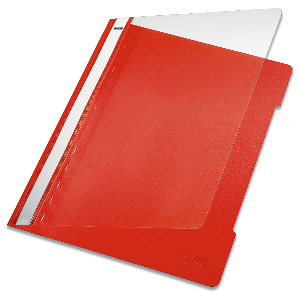 Leitz Kunststoff-Schnellhefter für A4, Rot – Transparenter Vorderdeckel, mit Abheftvorrichtung