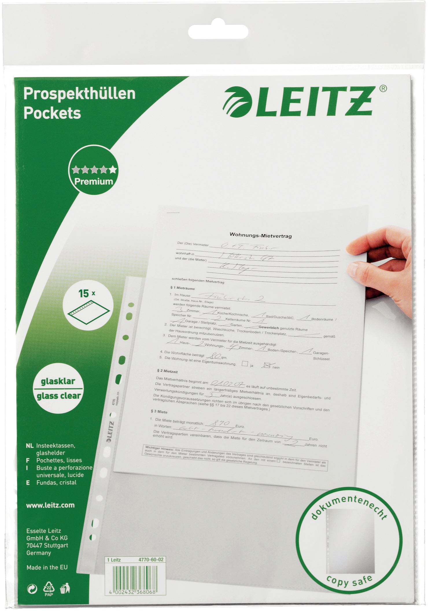Leitz Prospekthülle A4, Eurolochung, glasklar, 75 µm
