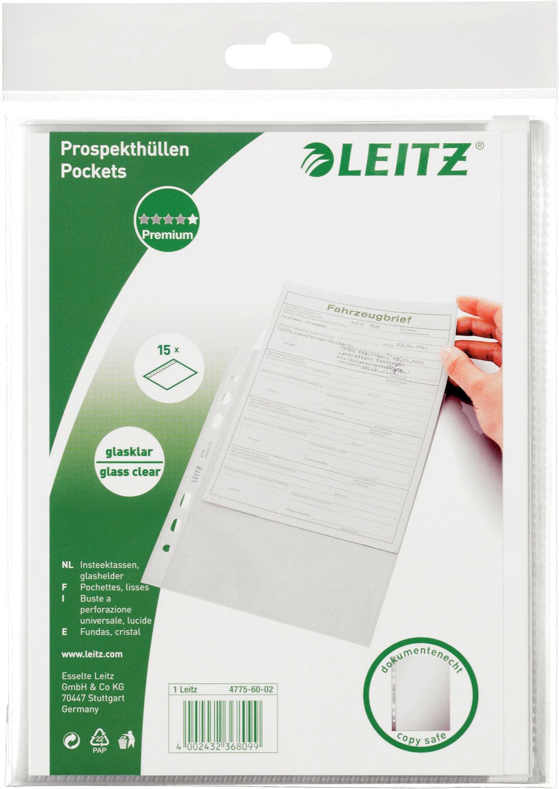 Leitz Prospekthülle A5, Eurolochung, glasklar, 75 µm – 15 Stück