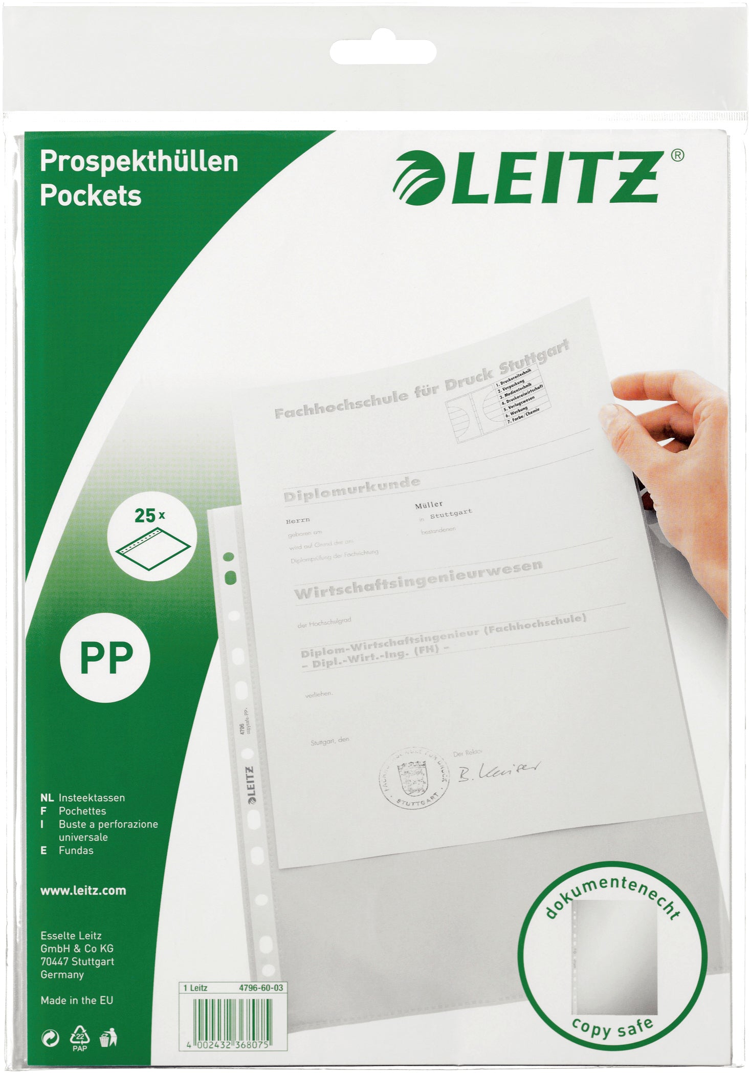 Leitz Prospekthülle A4, Eurolochung, blendfrei genarbt, 65 µm, transparent