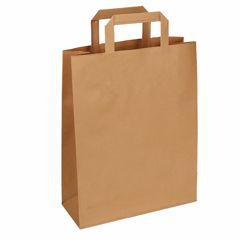 Papiertragetaschen Papiertragetasche mit Flachhenkel – 32 × 38 × 17 cm – Kraftpapier, 110 g/m² – Braun – 200 Stk.