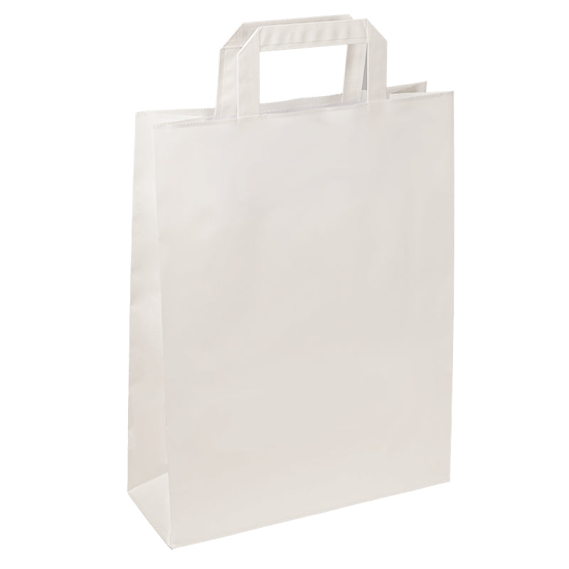 Papiertragetaschen Papiertragetasche mit Flachhenkeln – 32 × 38 × 17 cm – Kraftpapier, 110 g/m² – Weiss – 200 Stk.
