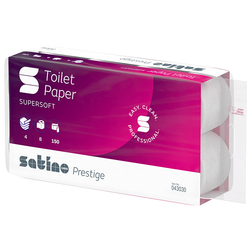 Satino satino Satino prestige Toilettenpapier – Zellstoff, 3-lagig, hochweiss, 150 Blatt/Rolle, 94 × 120 mm – 512 Rollen