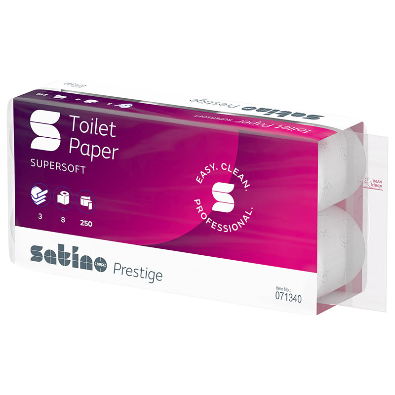 Satino satino Satino prestige Toilettenpapier – Zellstoff-Mix, 3-lagig, hochweiss, 250 Blatt/Rolle, 94 × 110 mm – 64 Rollen
