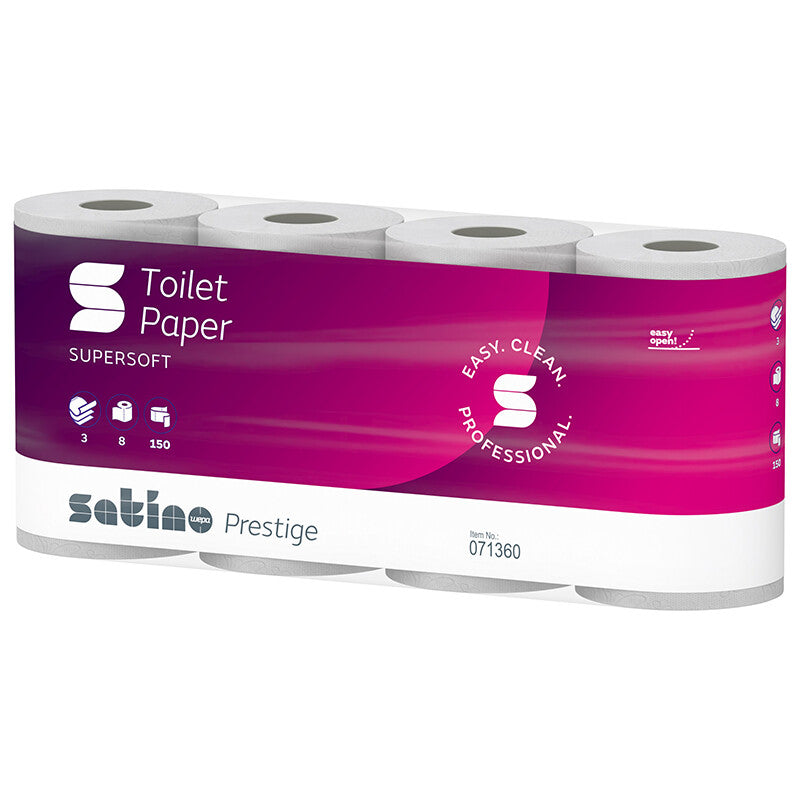 Satino satino Satino prestige Toilettenpapier – Zellstoff, 3-lagig, hochweiss, 150 Blatt/Rolle, 94 × 120 mm – 960 Rollen
