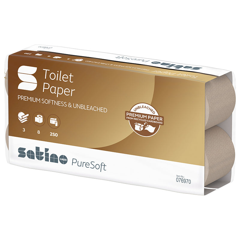 Satino satino Satino PureSoft Toilettenpapier – Recycling, 3-lagig, natur, 250 Blatt/Rolle, 94 × 110 mm – 64 Rollen