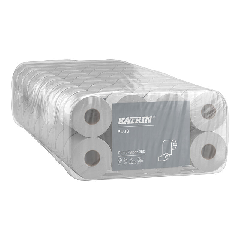 Katrin Plus Toilettenpapier – Zellstoff, 3-lagig, weiss, 250 Blatt/Rolle, 95 × 110 mm – 72 Rollen