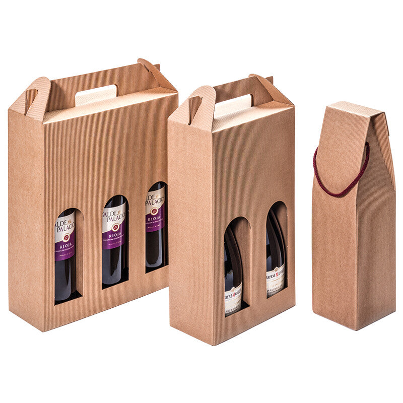 Weintrageverpackung Geschenkbox – 1-wellig, Karton, mit Kordel – für Weinflaschen – 89 × 89 × 330 mm – 25 Stück
