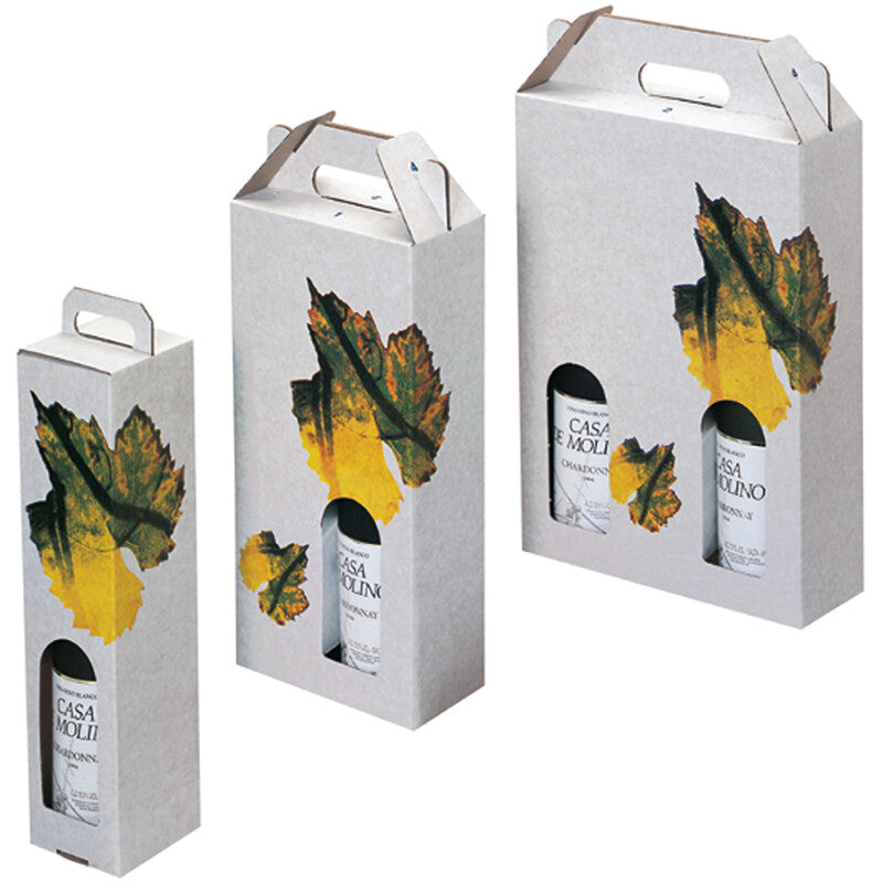 Weintrageverpackung Geschenkbox – Rebblatt-Aufdruck – mit Unterteilung, ohne Klebeband – für Weinflasche – 162 × 81 × 335 mm – 25 Stück