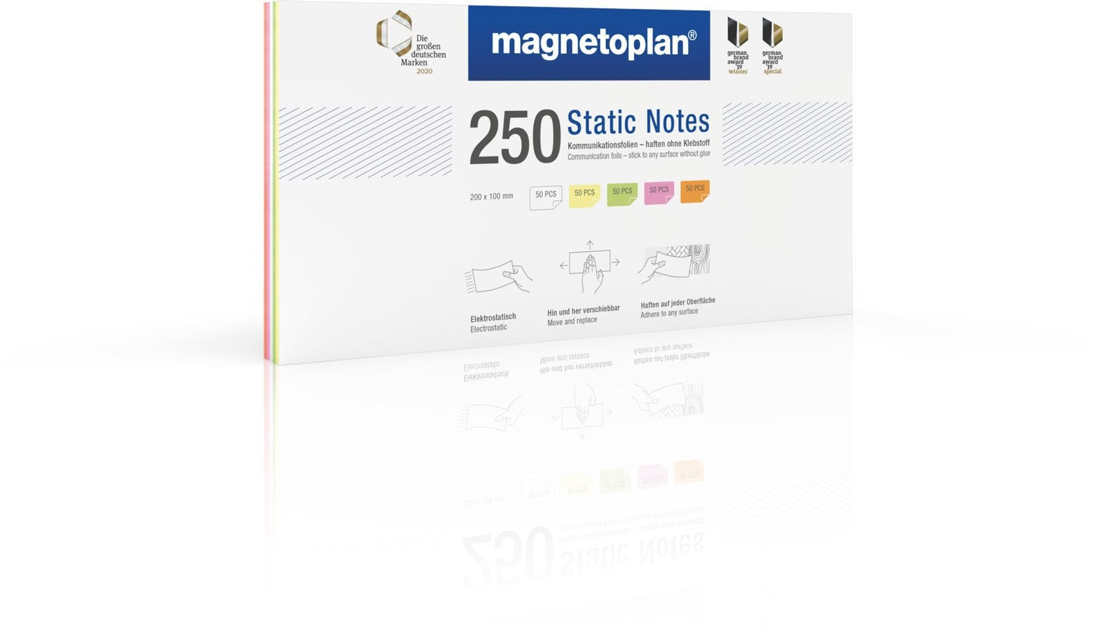 Magnetoplan Elektrostatische Haftnotizen – 200 × 100 mm – sortiert, 250 Stück