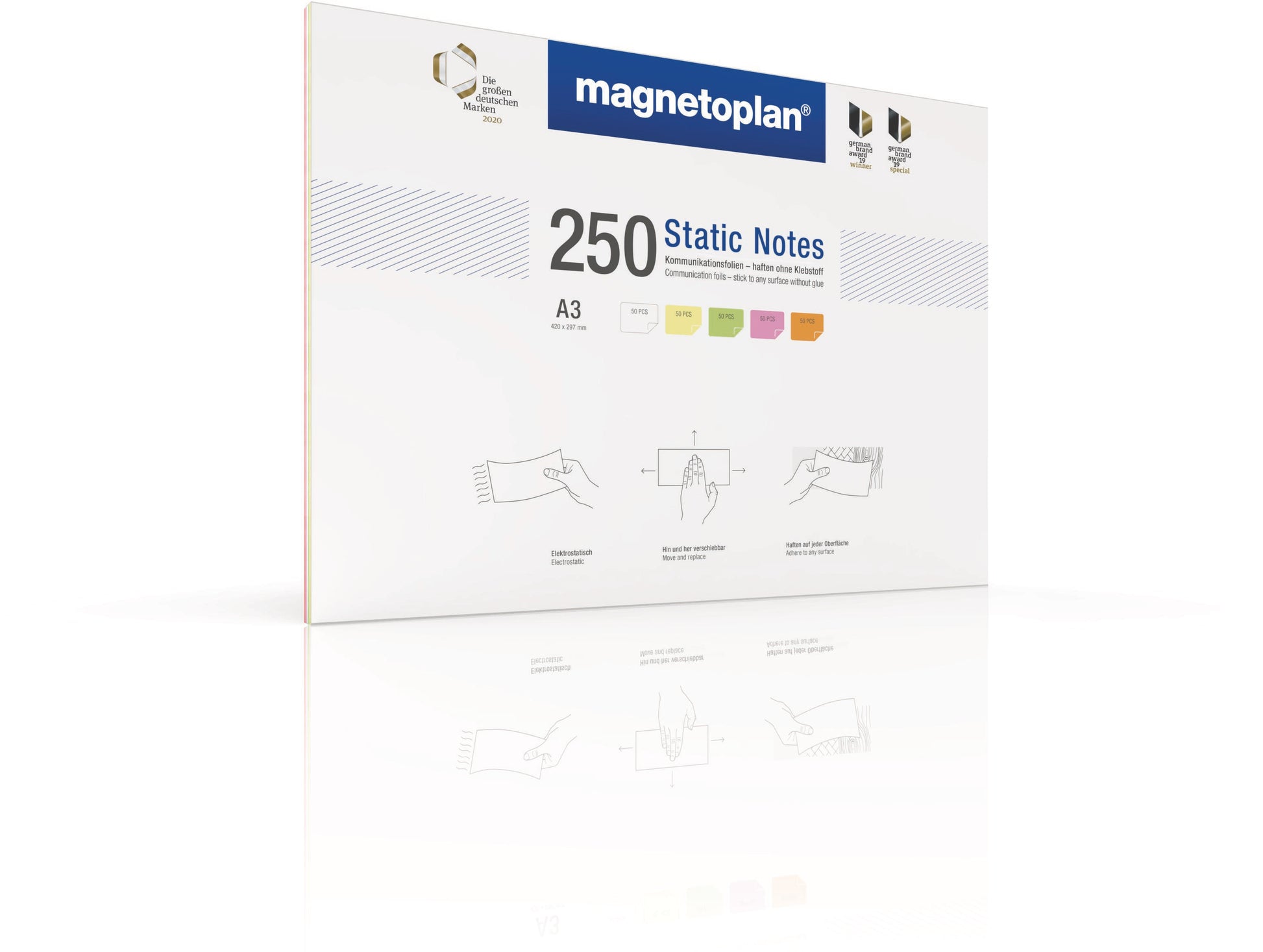 Magnetoplan Static Notes elektrostatische Haftnotizen – 297 × 422 mm – sortiert, 250 Stück