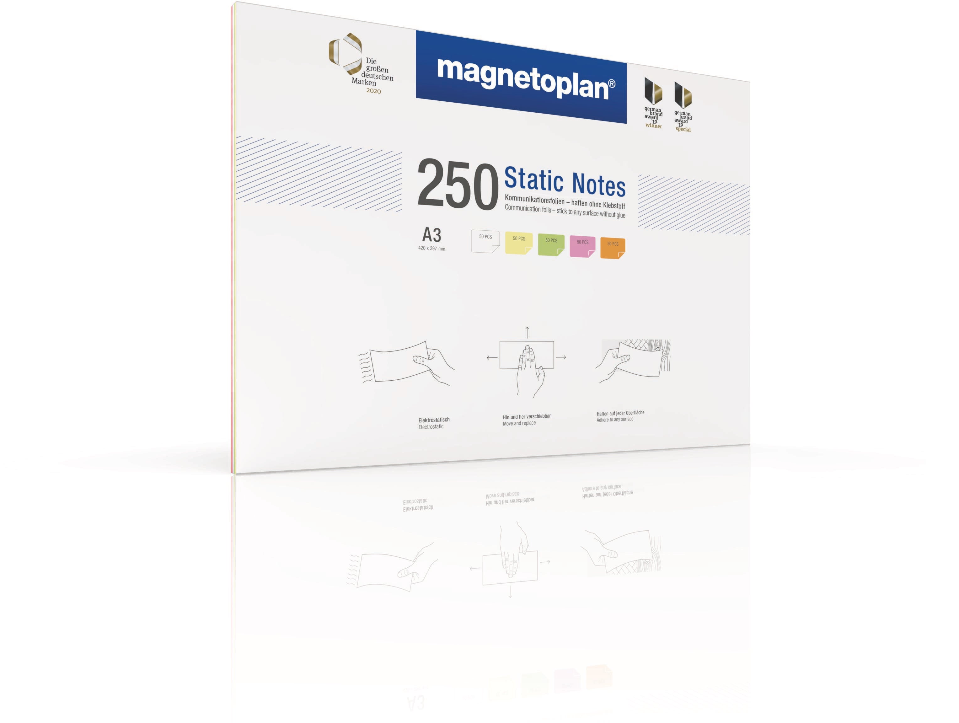 Magnetoplan Static Notes elektrostatische Haftnotizen – 297 × 422 mm – sortiert, 250 Stück