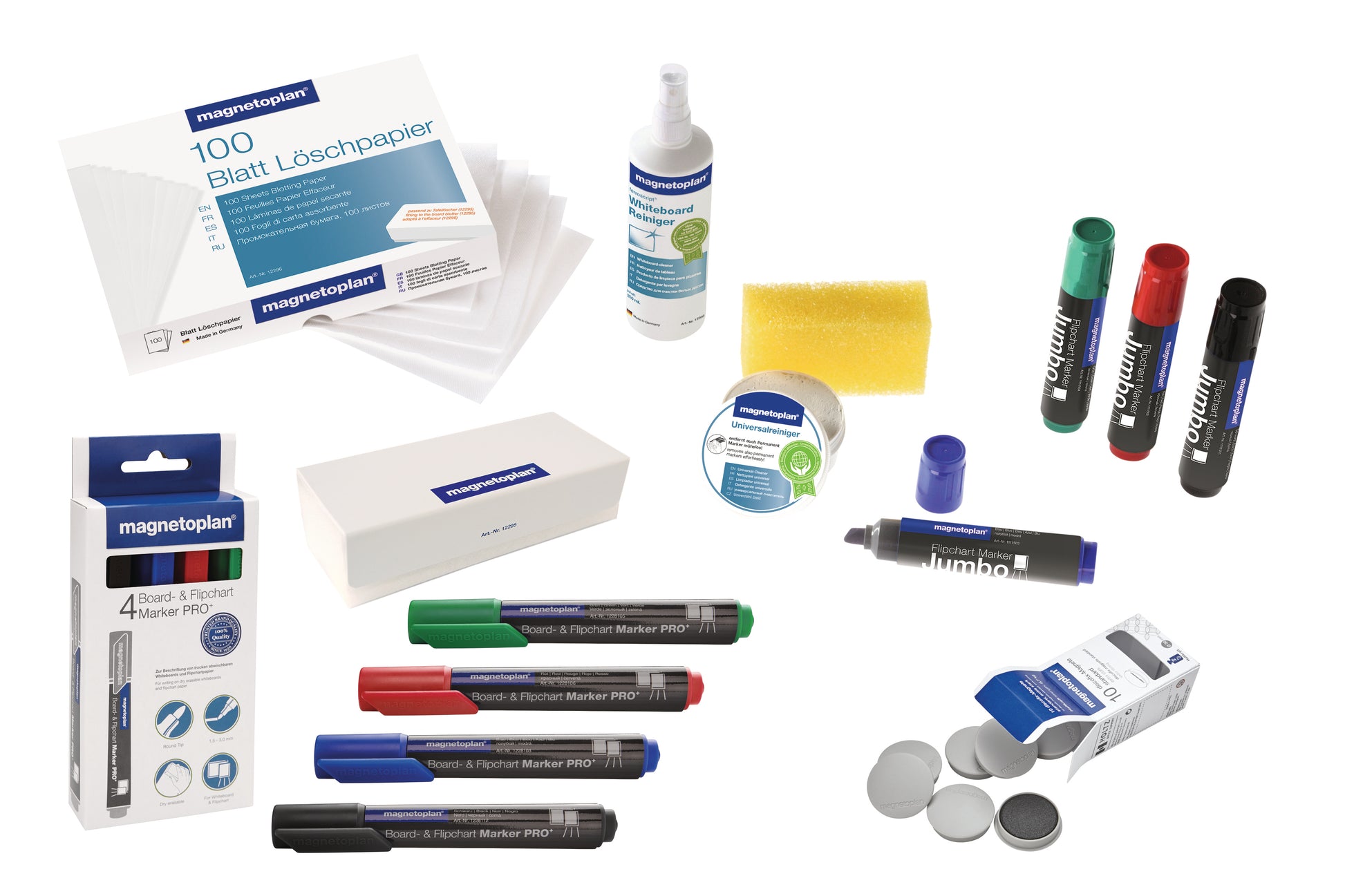 Magnetoplan Zubehörset – Tafellöscher, Reiniger 250 ml, 8 Marker (4 PRO+, 4 JUMBO), 10 Magnete, für Flipcharts