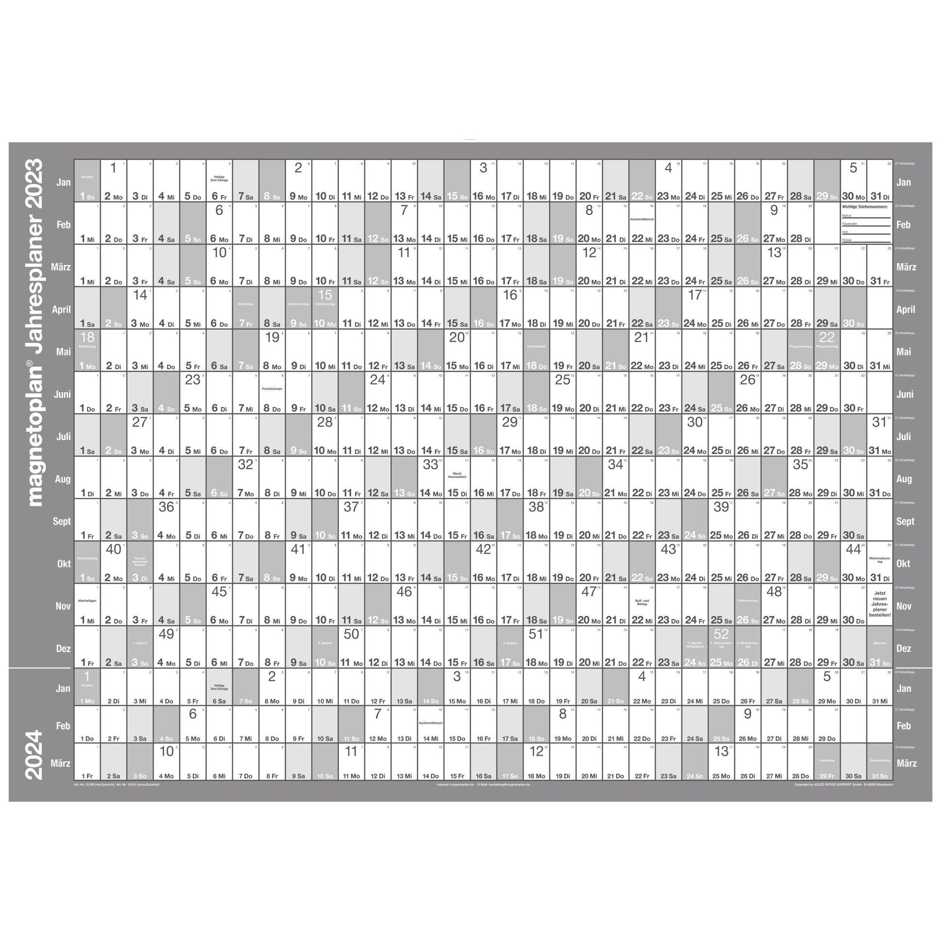 Magnetoplan Jahresplaner 2026 – magnetisch, trocken abwischbar – Folie – 83,5 × 59 cm