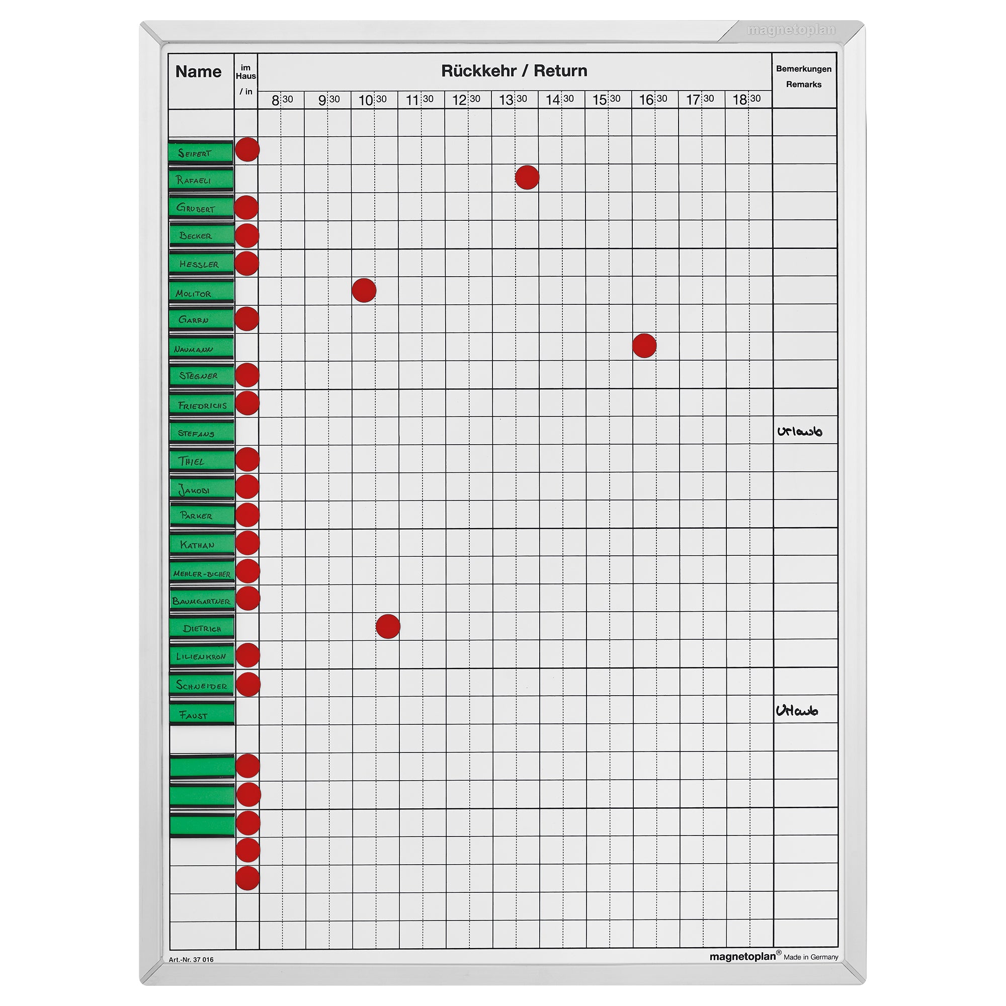 Magnetoplan Anwesenheitstafel – magnetisch – Alurahmen – 45 × 60 cm – 30 Personen