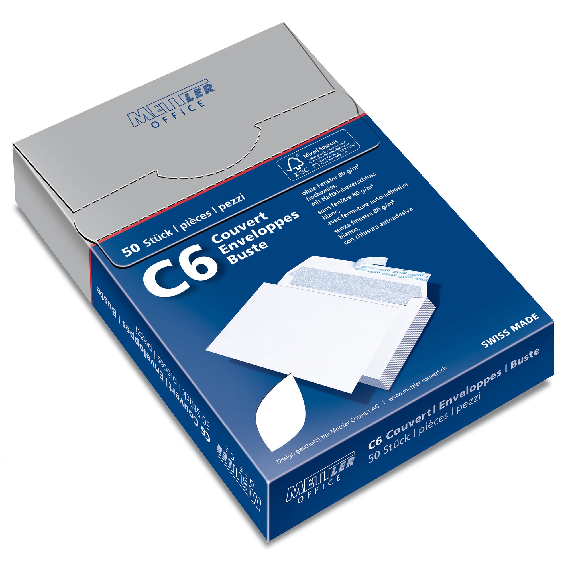 Mettler Couvert C6, ohne Fenster, Haftklebung, hochweiss, 80 g/m² – 50 Stk.