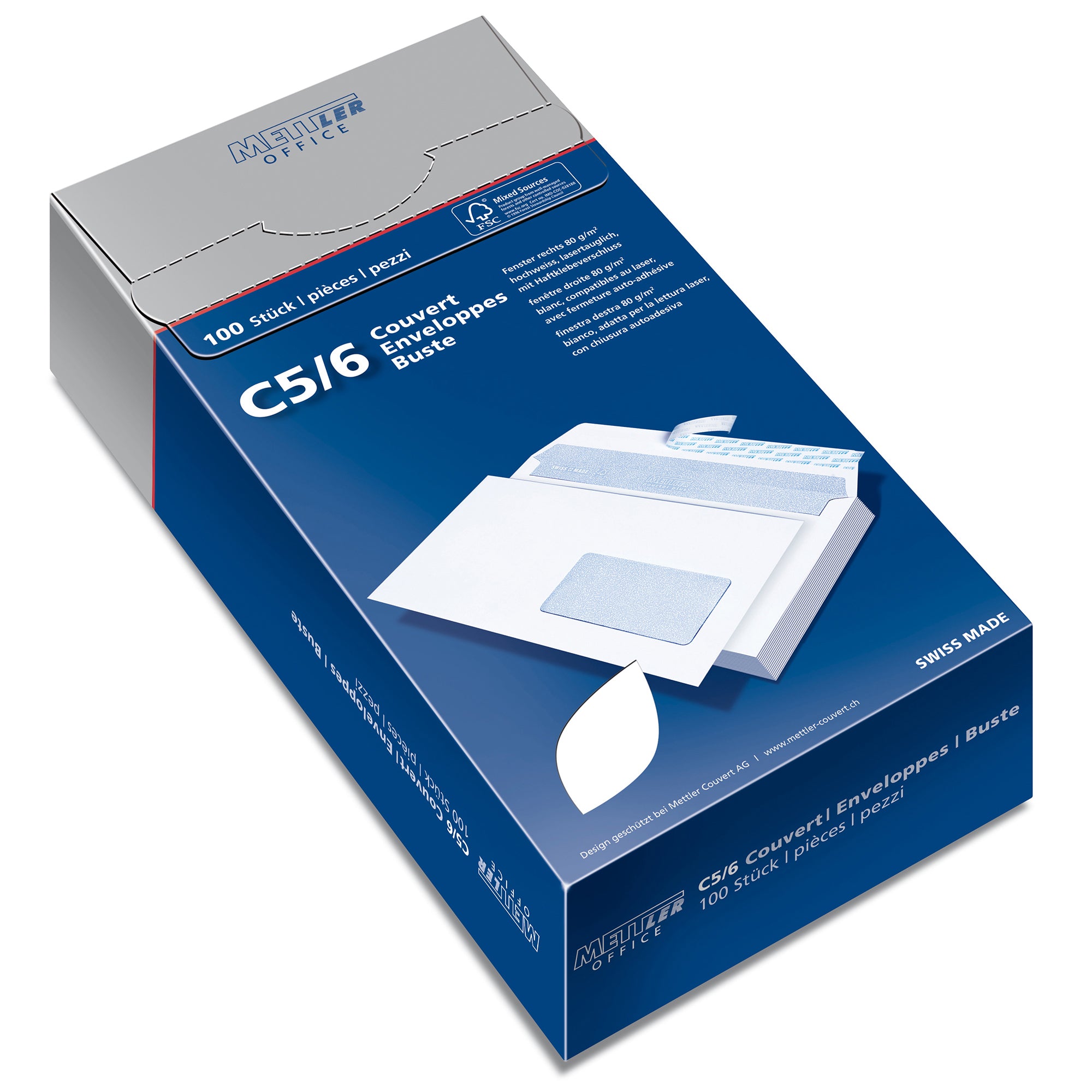 Mettler Couvert C5/6, Fenster rechts, Haftklebung, hochweiss, 80 g/m², mit Innendruck – 100 Stk.