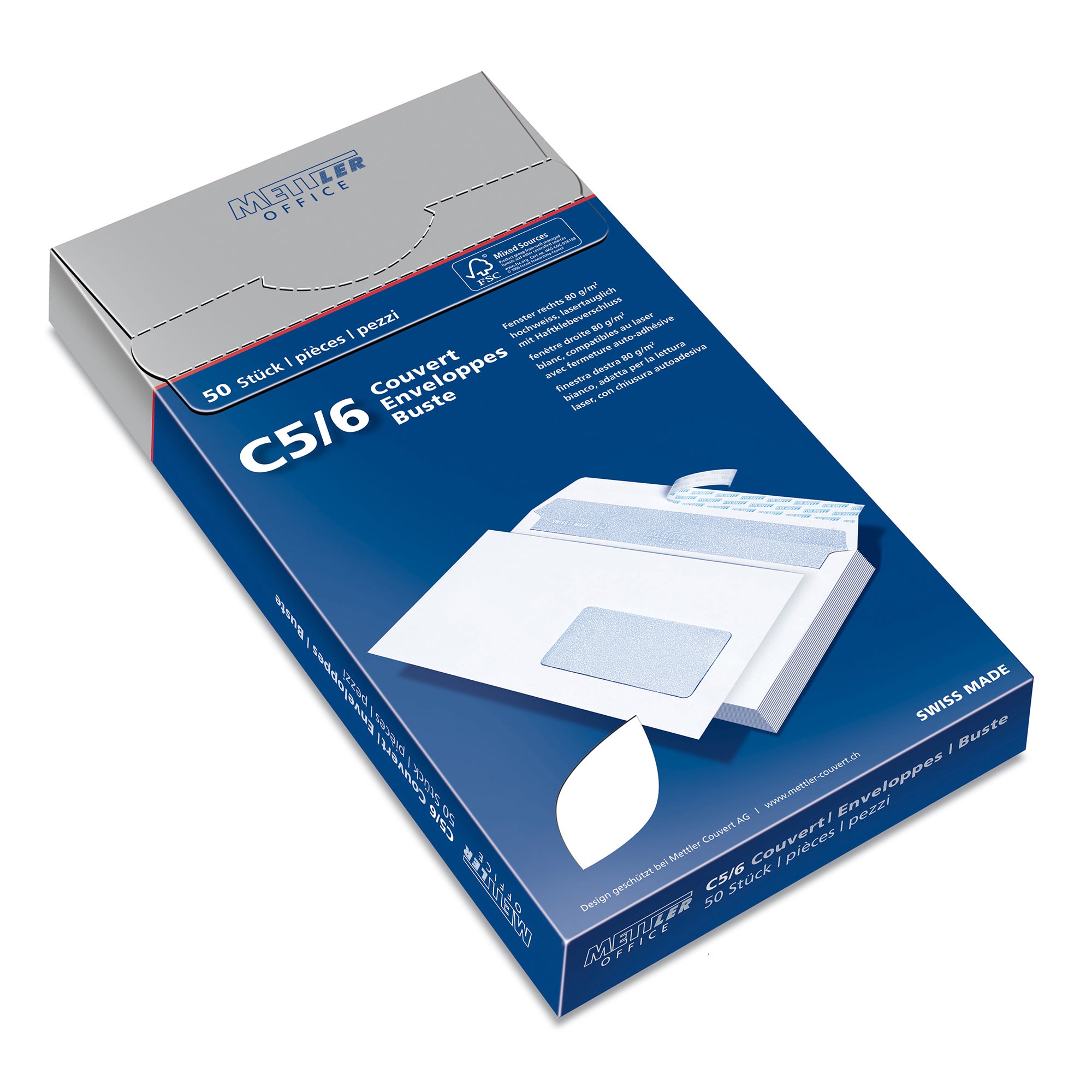Mettler Couvert C5/6, Fenster rechts, Haftklebung, hochweiss, 80 g/m², mit Innendruck – Mettler – 50 Stk.