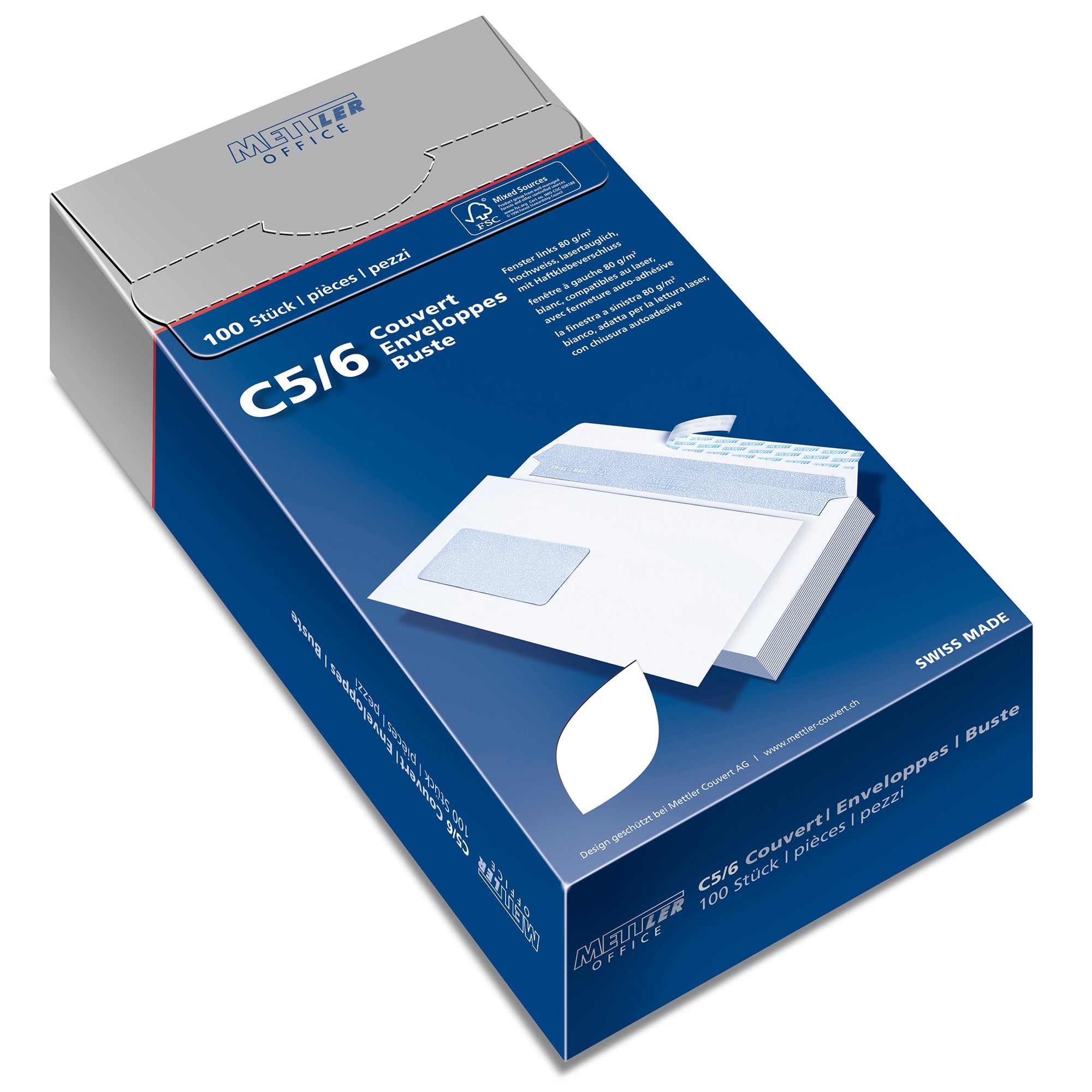 Mettler Couvert C5/6, Fenster links, Haftklebung, hochweiss, 80 g/m² – 100 Stk.