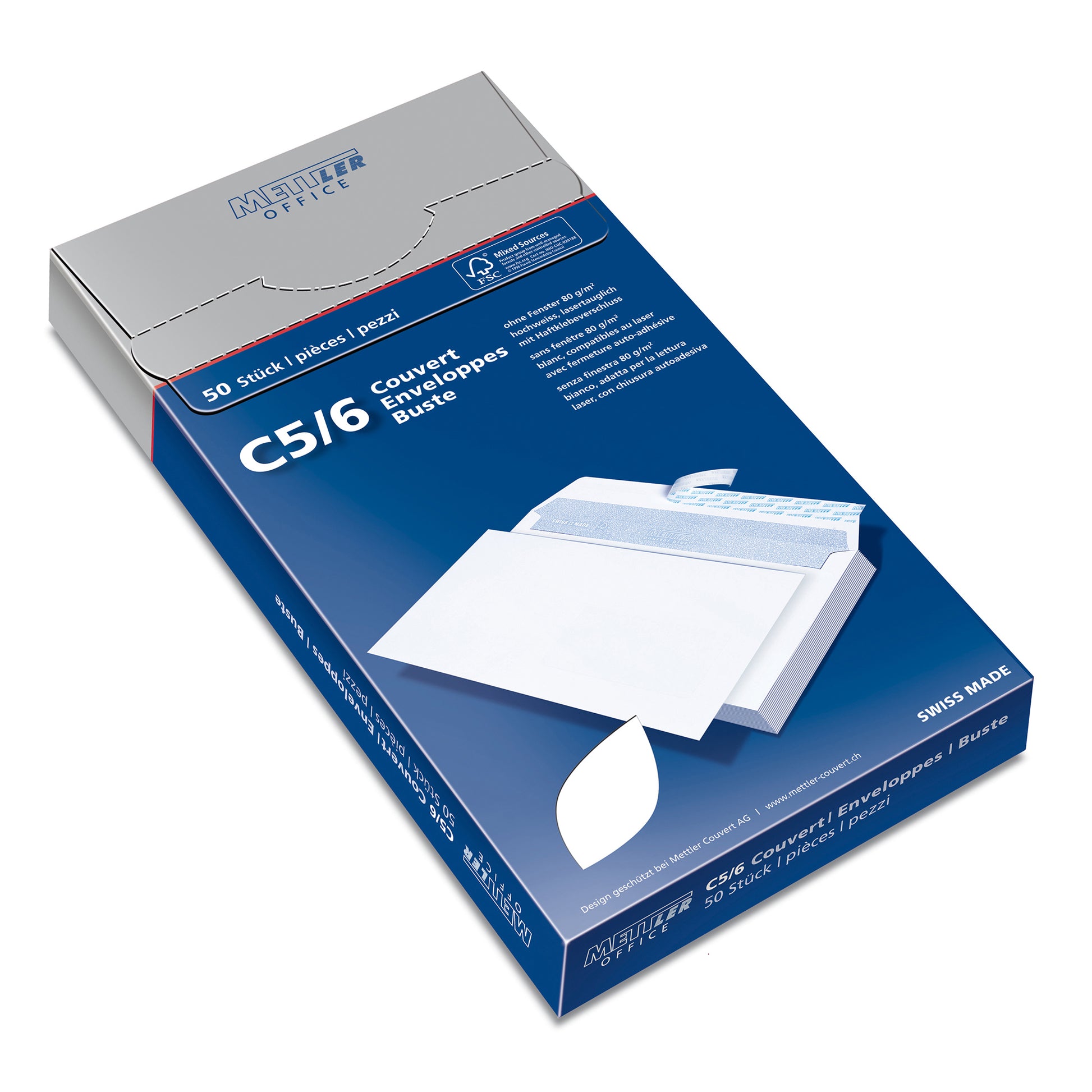 Mettler Couvert C5/6, ohne Fenster, Haftklebung, hochweiss, 80 g/m² – 50 Stk.