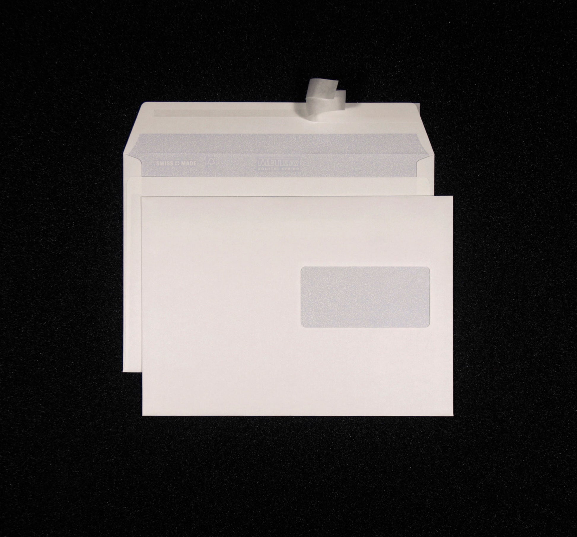 Mettler Couvert C5, Fenster rechts, Haftklebung, naturweiss, 100 g/m², mit hellblauem Innendruck – 500 Stk.