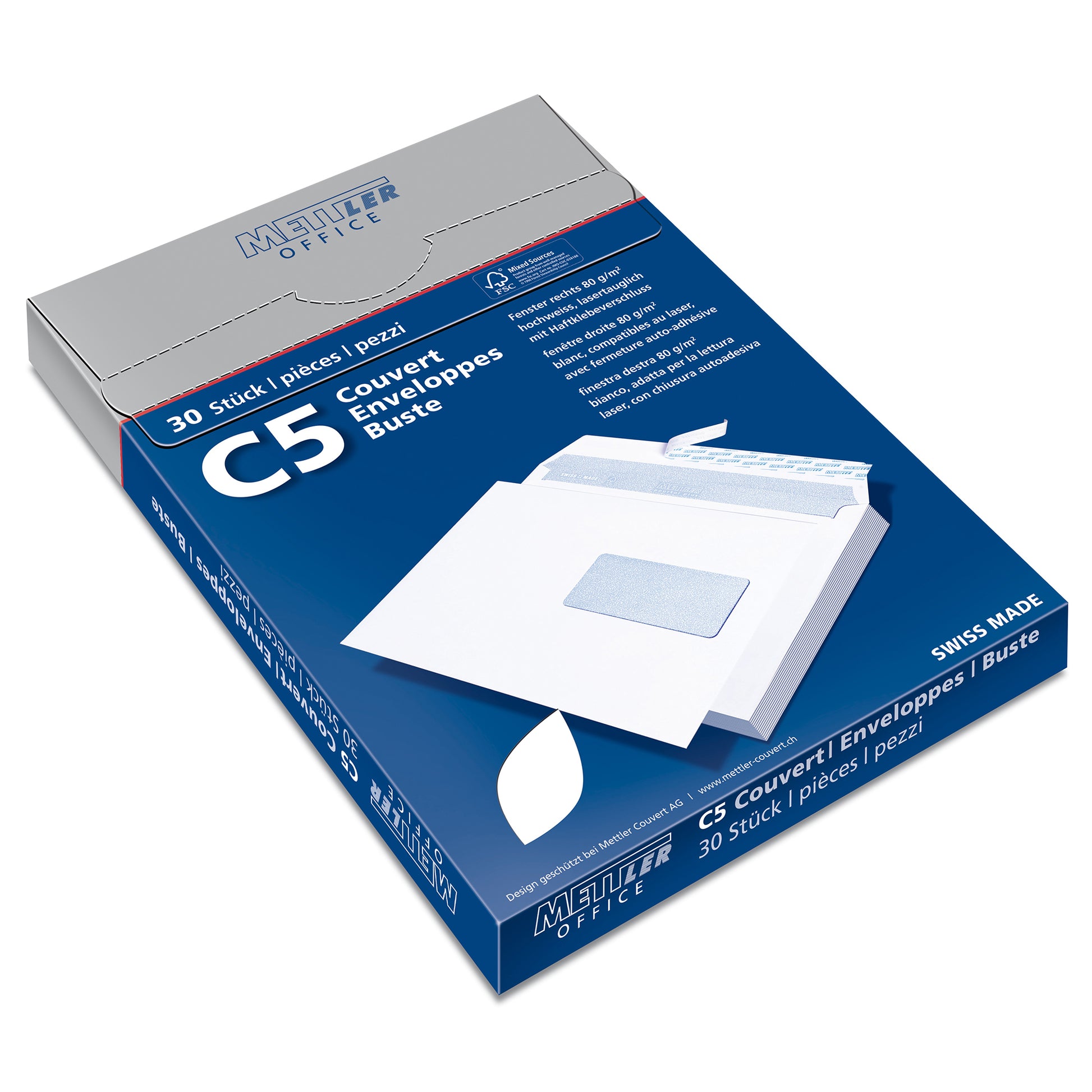 Mettler Couvert C5, Fenster rechts, Haftklebung, hochweiss, 100 g/m², mit Innendruck – 30 Stk.